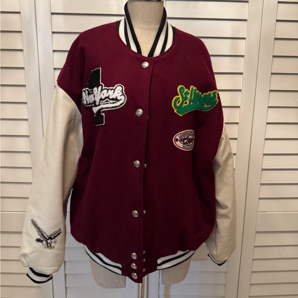 Maje Burgundy and White Varsity Jacket